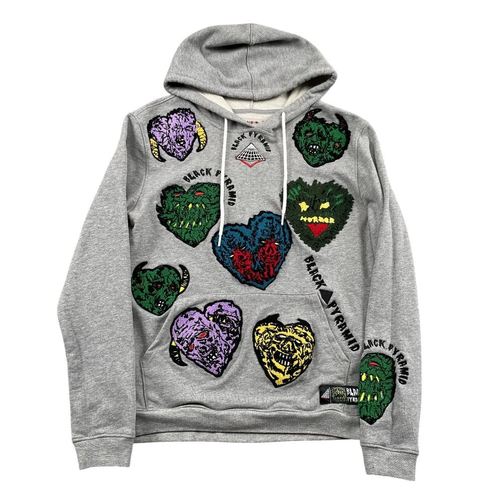 Black Pyramid‎ Embroidred Monster Hearts Hoodie Mens Medium Grey Pullover